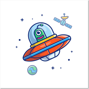 Alien spaceship flying in space cartoon Posters and Art